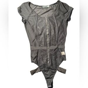 Carmella Scoop Neck Black Lace Bodysuit with Center Metal Corset Clasps